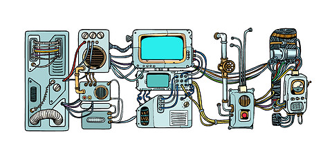 Image showing Cyberpunk robots mechanisms and machines. Details of the spacecr