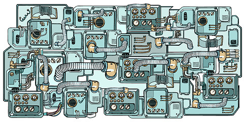 Image showing Cyberpunk robots mechanisms and machines. Details of the spacecr