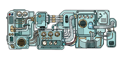 Image showing Cyberpunk robots mechanisms and machines. Details of the spacecr