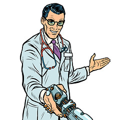 Image showing doctor handshake to robot, medicine and health care. Prosthesis 