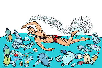 Image showing Ocean pollution by plastic trash. Ecology concept. man swimmer s