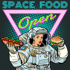 Image showing Space food. Woman astronaut eats. Cola, hot dog and Burger.