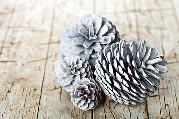 Image showing White decorative pine cones.