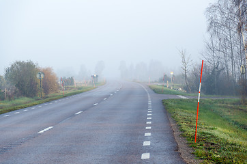 Image showing Misty road with snow stakes