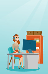 Image showing Business woman with headset working at office.