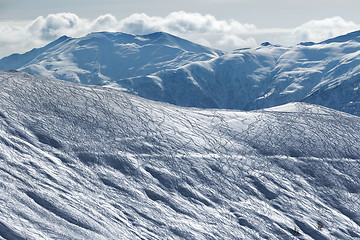 Image showing Slope for freeriding with traces from skis, snowboards and snow 