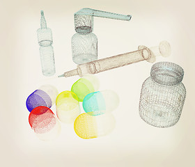 Image showing Syringe, tablet, pill jar. 3D illustration. Vintage style