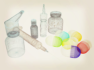 Image showing Syringe, tablet, pill jar. 3D illustration. Vintage style