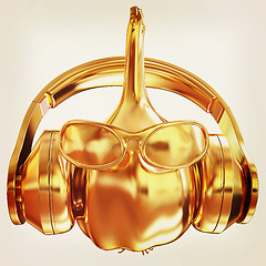 Image showing Gold Head of garlic with sun glass and headphones front \