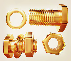 Image showing Gold Bolt with nut. 3d illustration. Vintage style