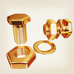 Image showing Gold Bolt with nut. 3d illustration. Vintage style