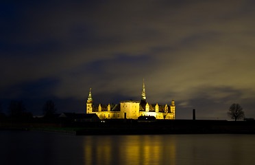 Image showing Kronborg Castle at night seen from Elsinore harbour