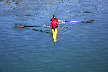 Image showing Two scull rowing competitor, rowing race two rower