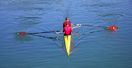 Image showing Two scull rowing competitor, rowing race two rower