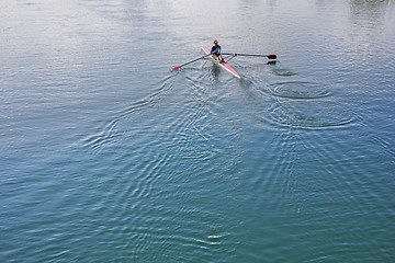 Image showing Single scull rowing competitor, rowing race one rower