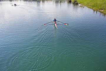 Image showing Single scull rowing competitor, rowing race one rower