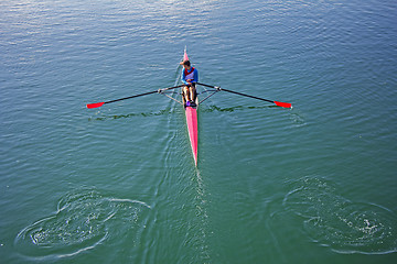 Image showing Single scull rowing competitor, rowing race one rower