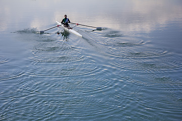 Image showing Single scull rowing competitor, rowing race one rower