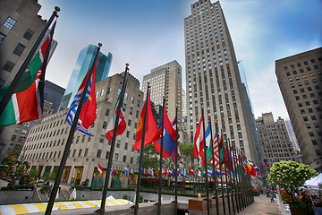 Image showing New York, USA – August 23, 2018: Rockefeller Center, flagpoles