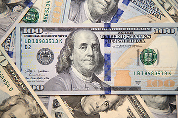 Image showing Close up of new hundred dollar bill with portrait of Franklin