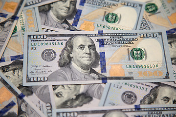 Image showing Close up of new hundred dollar bill with portrait of Franklin