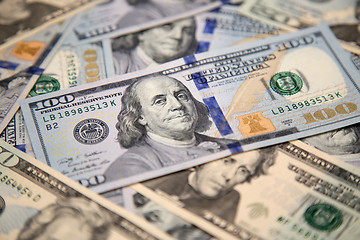 Image showing Close up of new hundred dollar bill with portrait of Franklin