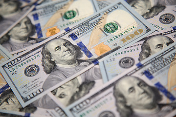 Image showing Close up of new hundred dollar bill with portrait of Franklin