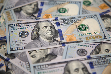 Image showing Close up of new hundred dollar bill with portrait of Franklin