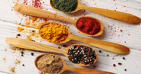 Image showing Spoons with colorful mix of spices