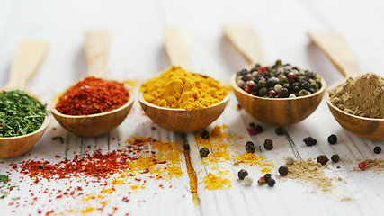 Image showing Wooden spoons with assortment of spices