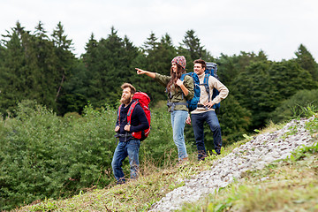 Image showing friends or travelers with backpacks hiking