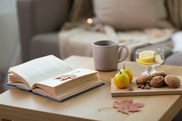 Image showing book, lemon, tea and cookies on table at home