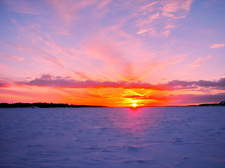 Image showing Winter sunset over frozen Baltic Sea in Finland