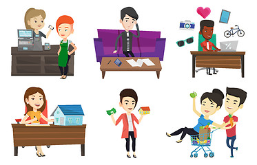 Image showing Vector set of shopping people characters.