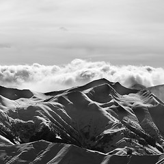 Image showing Black and white of evening snow mountains at winter