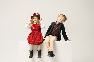 Image showing Cute stylish children on white studio background