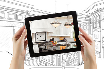 Image showing Female Hands Holding Computer Tablet with Kitchen on Screen & Dr