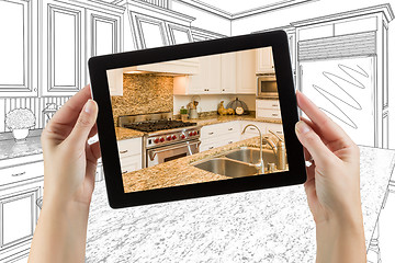 Image showing Female Hands Holding Computer Tablet with Kitchen on Screen & Dr