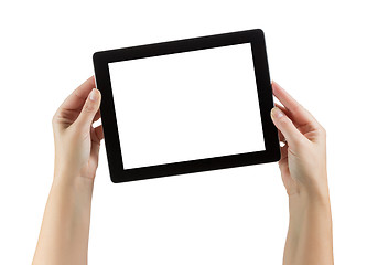 Image showing Female Hands Holding Blank Computer Tablet on White