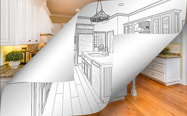 Image showing Kitchen Drawing Page Corners Flipping with Photo Behind