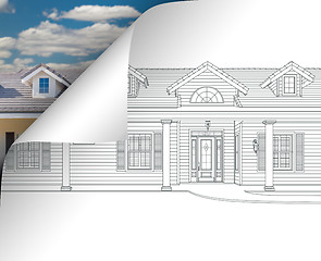 Image showing House Drawing Page Corner Flipping with Photo Behind