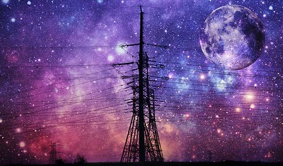 Image showing power lines and night sky with full moon