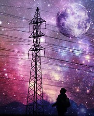 Image showing power lines and night sky with full moon