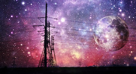 Image showing power lines with night sky and full moon