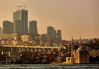 Image showing Ortakoy mosque under bosphorus bridge in istanbul, turkey. Bosphorus bridge between asia and europe.