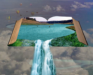 Image showing an open book with a waterfall and birds