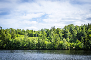 Image showing Lake scenery with green trees and blue sky