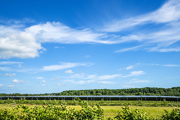 Image showing Solar cell park on a green field with blue sky