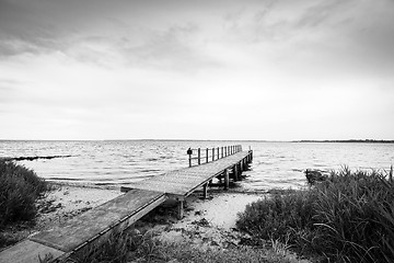 Image showing Pier on a Scandinavian beach in black and white