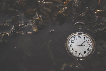 Image showing Pocket watch floating in a dark lake